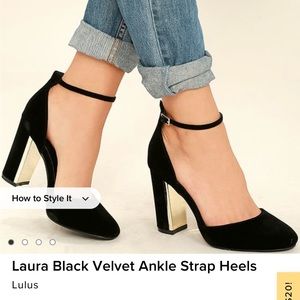 2 for $25 
Black block heels from Lulus with gold detail.